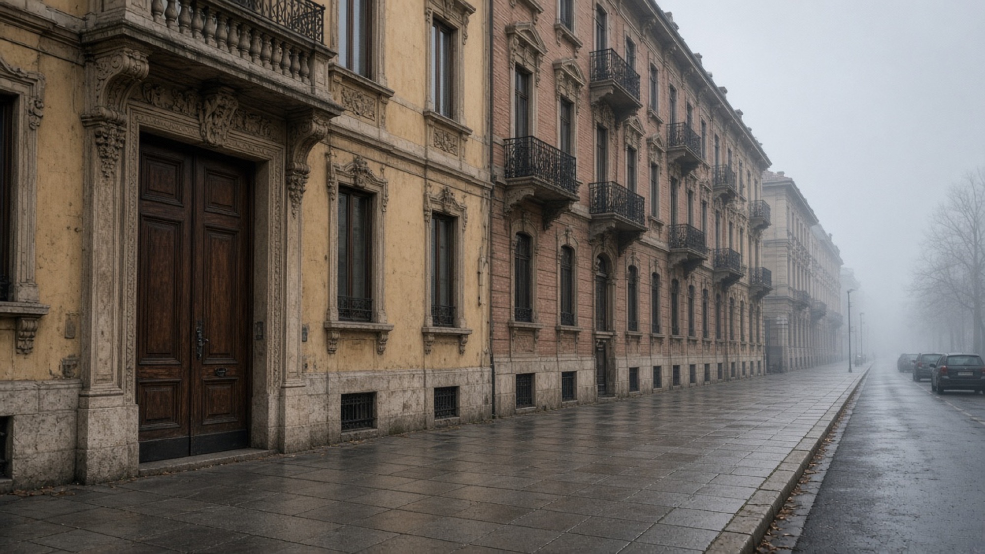 Via Gustavo Fara a Milano, palazzi liberty nella nebbia del tardo pomeriggio